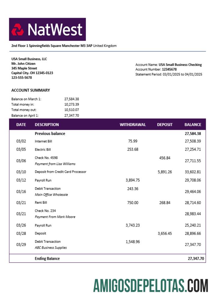 Baixável Reino Unido NatWest Firm modelo de extrato de conta Word e PDF